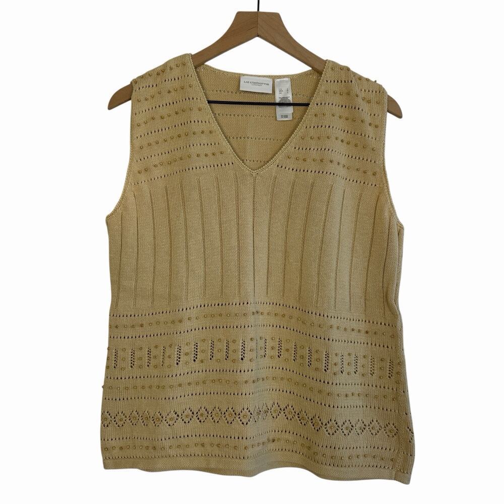 Vintage Liz Claiborne Linen Blend Knit Vest Top Tan Large Wood Beads Boho Indie
